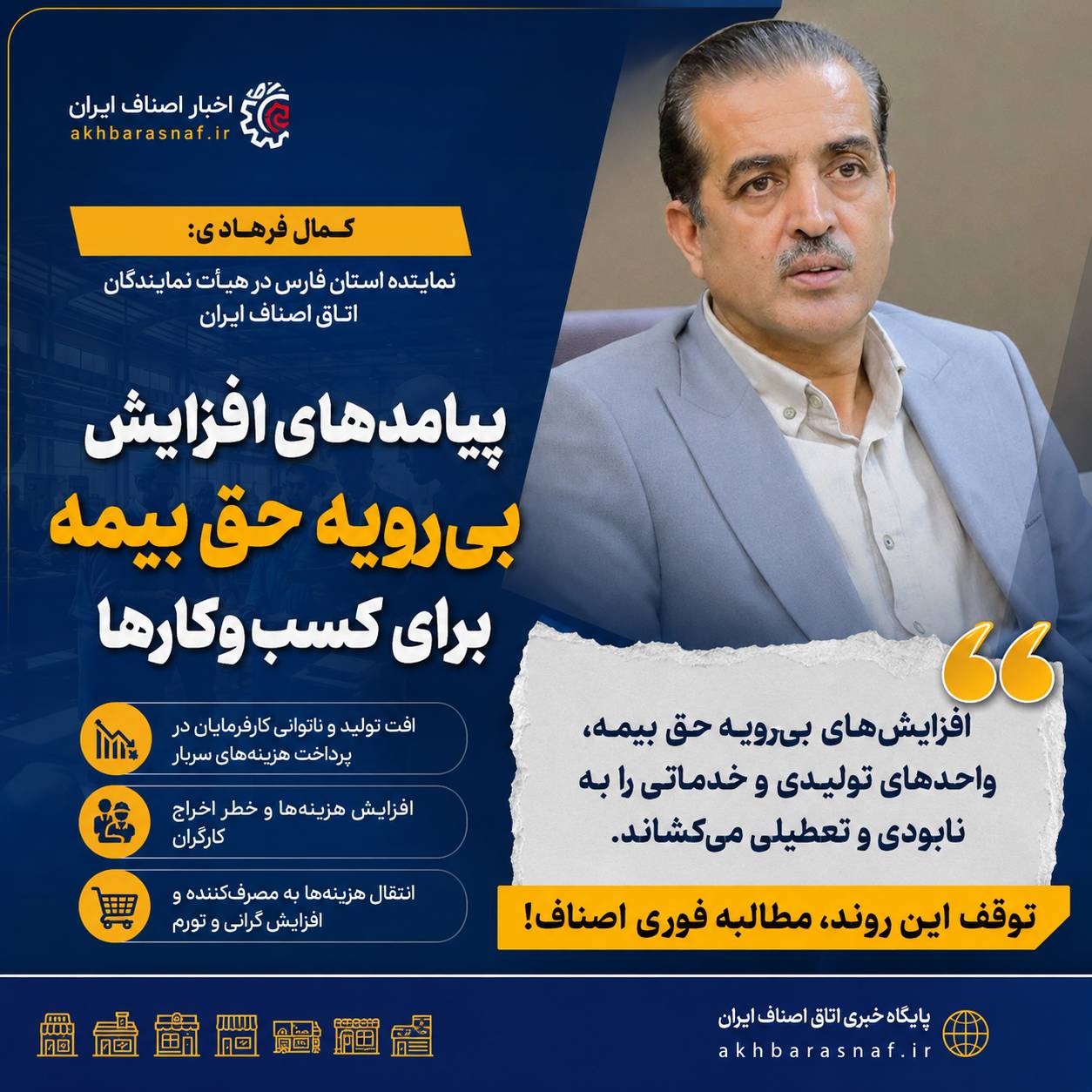 کمال فرهادی، نماینده استان فارس در هیأت نمایندگان اتاق اصناف ایران تشریح کرد: پیامدهای افزایش بی‌رویه حق بیمه برای کسب‌وکارها