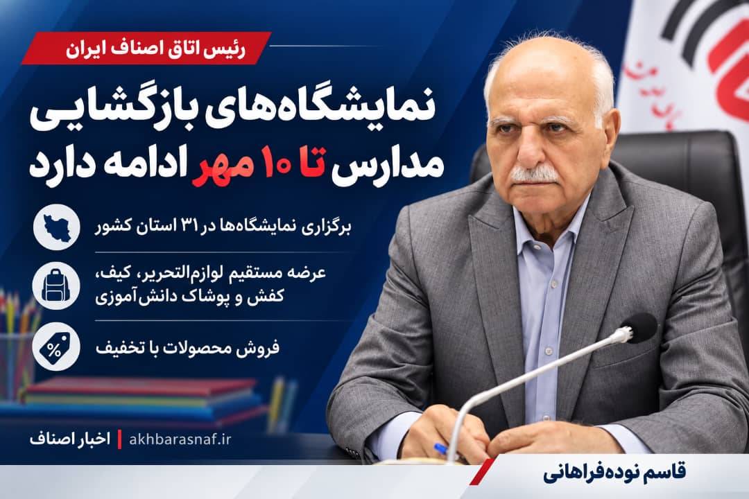 قاسم نوده‌فراهانی رئیس اتاق اصناف ایران: نمایشگاه‌های بازگشایی مدارس در سراسر کشور برپا شد؛ عرضه مستقیم کالا با تخفیف ویژه برای خانواده‌ها