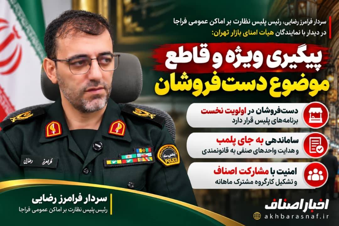 سردار فرامرز رضایی، رئیس پلیس نظارت بر اماکن عمومی فراجا در دیدار با نمایندگان هیأت امنای بازار تهران: پیگیری ویژه و قاطع موضوع دست‌فروشان و بساط‌گستران